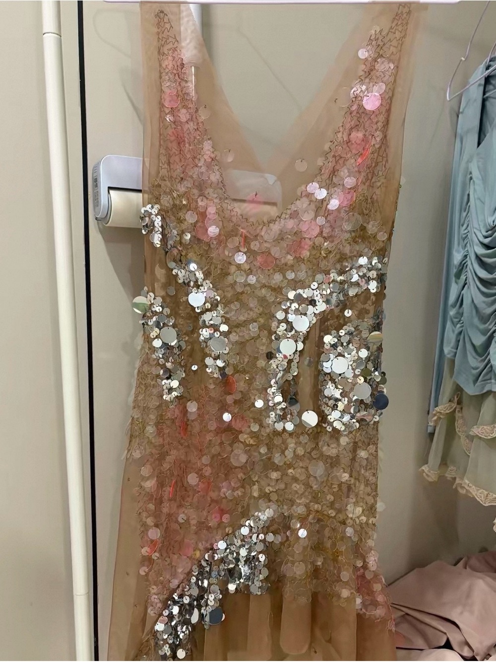 Vintage Sequin Mesh Sheer Slip Dress in Nude with Iridescent Discs - Picture 2 of 6